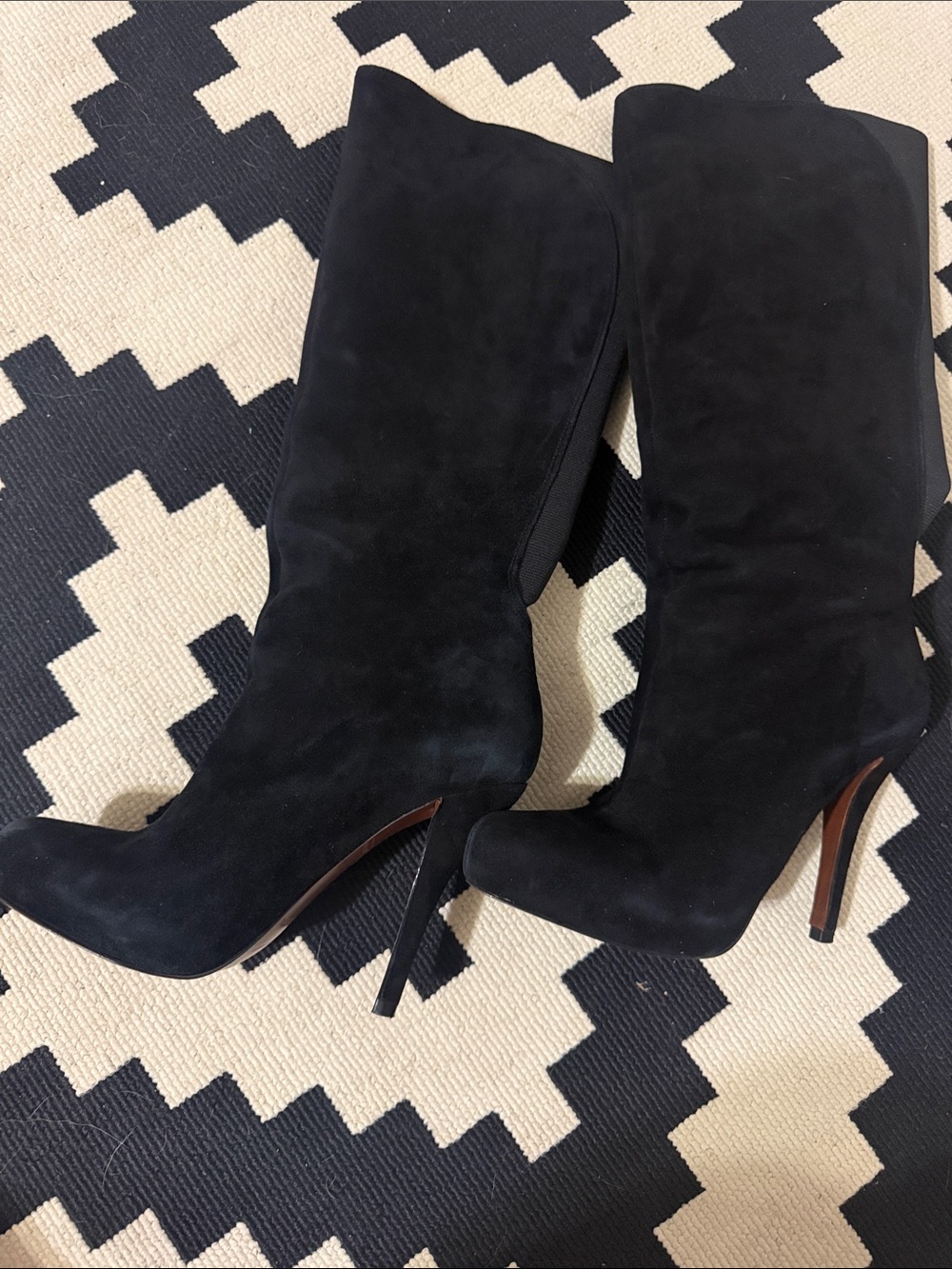 Black Leather Suede High-Heel Knee Boots - Women